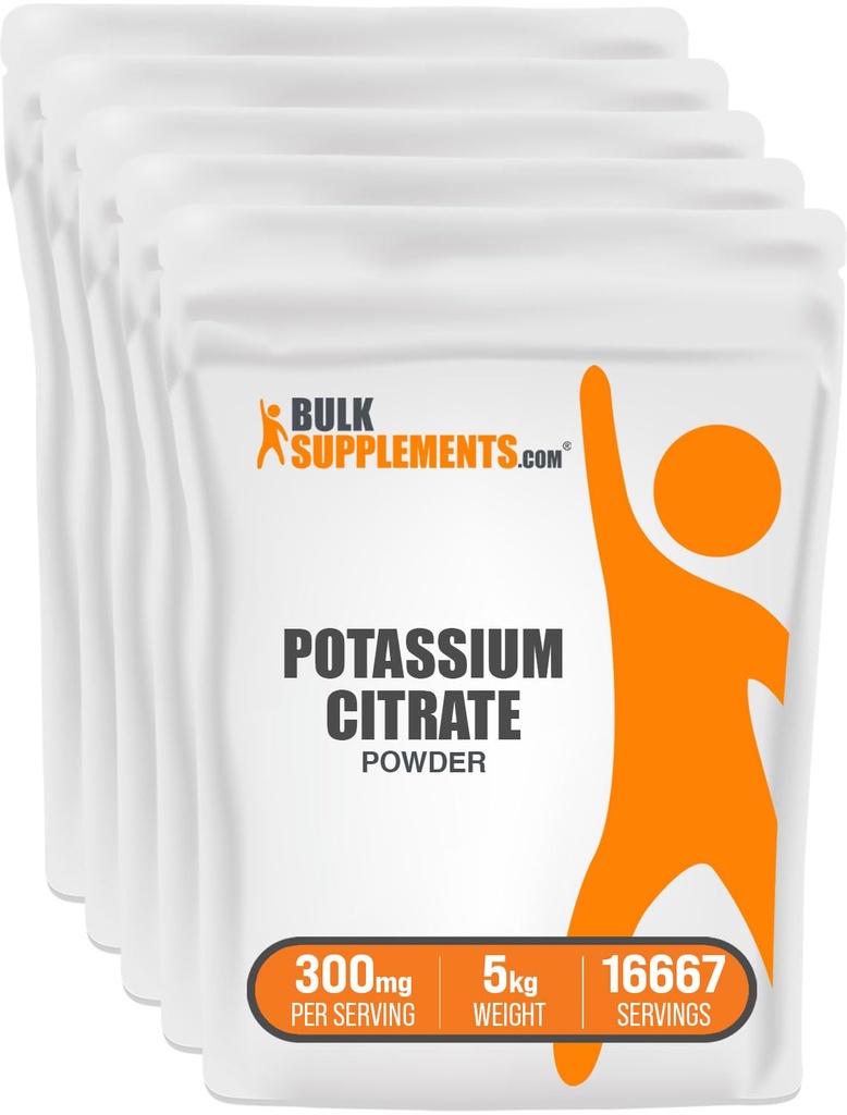 BulkSupplements.com Citrat de potasiu pulbere - pentru suport de hidratare, Supliment mineral, Potasiu 99mg - Gluten gratuit, 300mg per Serving, 1kg (2,2 lbs) (Pachet de 5)