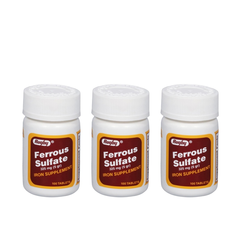 Rugby Ferrous sulfate 325 mg comprimate - Supliment de fier pentru femei și bărbați - 100 Conte (3 ambalaj)