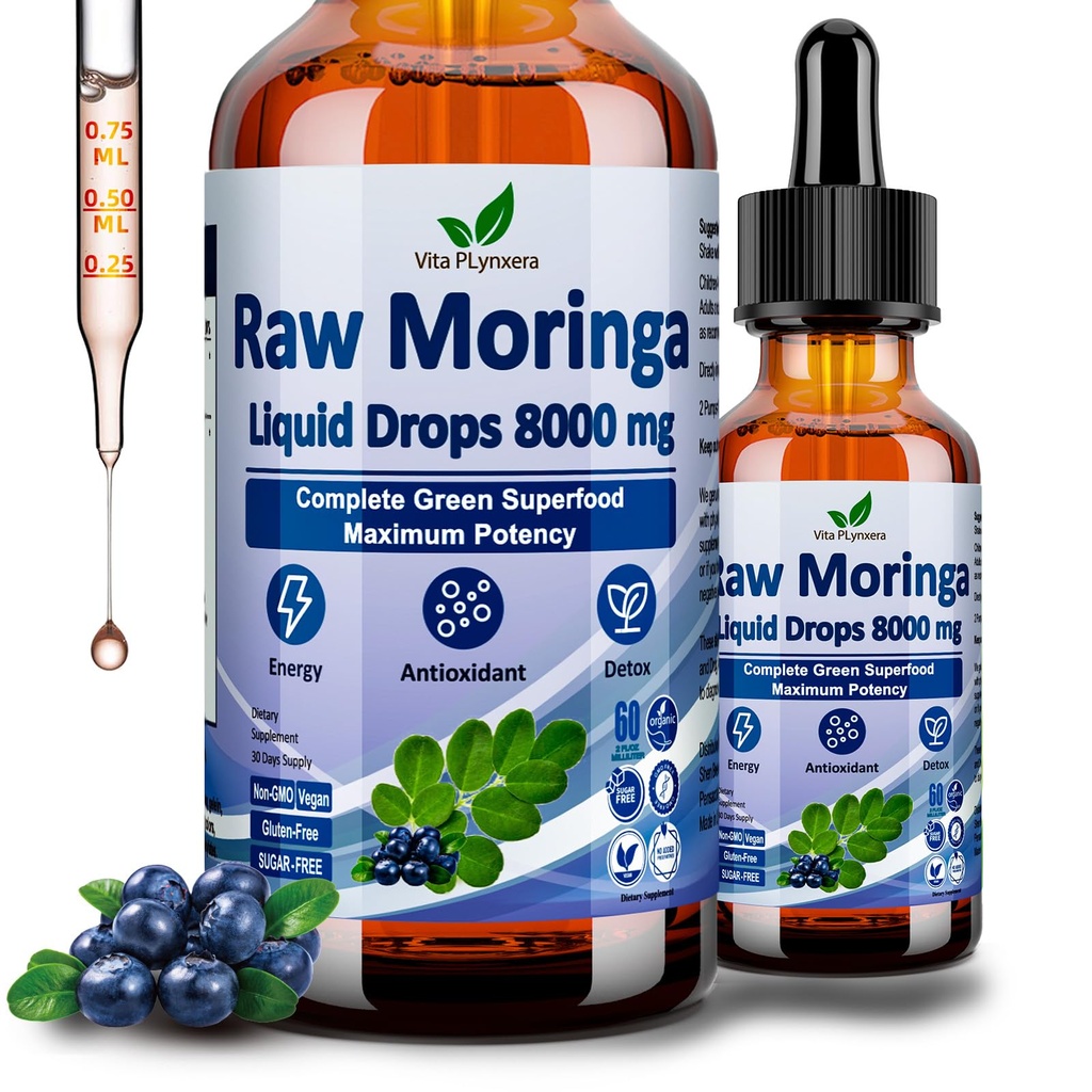 Raw Moringa lichid picături 8000 mg, Organic Moringa Oleifera Leaf Extract w. Supergreens Blend de Wheatgrass, Barley Grass pentru antioxidant, Energie & Imune, potenta mare decât capsule pulbere