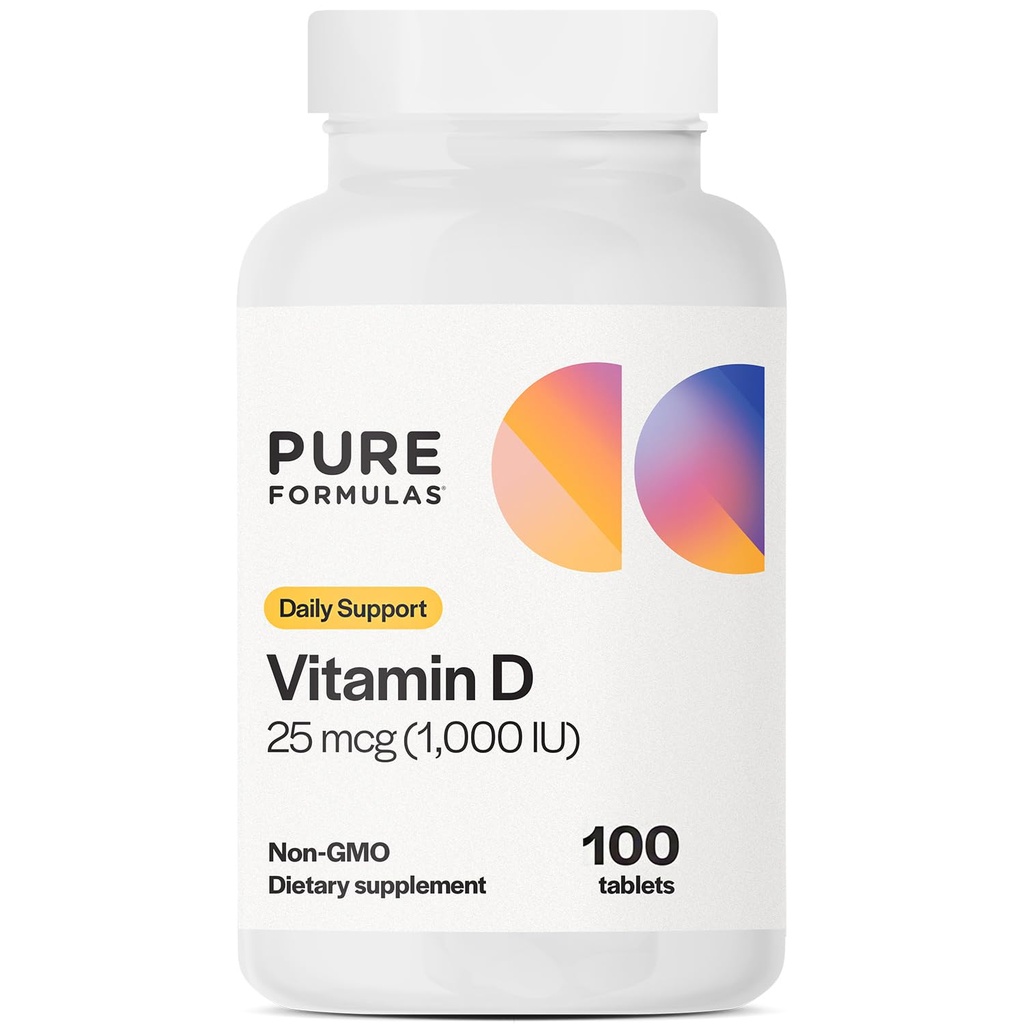 PureFormulas Vitamina D3 1000 UI 25 mcg - Suplimentul Premium Vitamina D pentru formarea osoasă sănătoasă, dinți, sănătate cardiovasculară și sprijin imun non-GMO - 100 comprimate conte