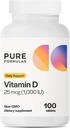 PureFormulas Vitamina D3 1000 UI 25 mcg - Suplimentul Premium Vitamina D pentru formarea osoasă sănătoasă, dinți, sănătate cardiovasculară și sprijin imun non-GMO - 100 comprimate conte