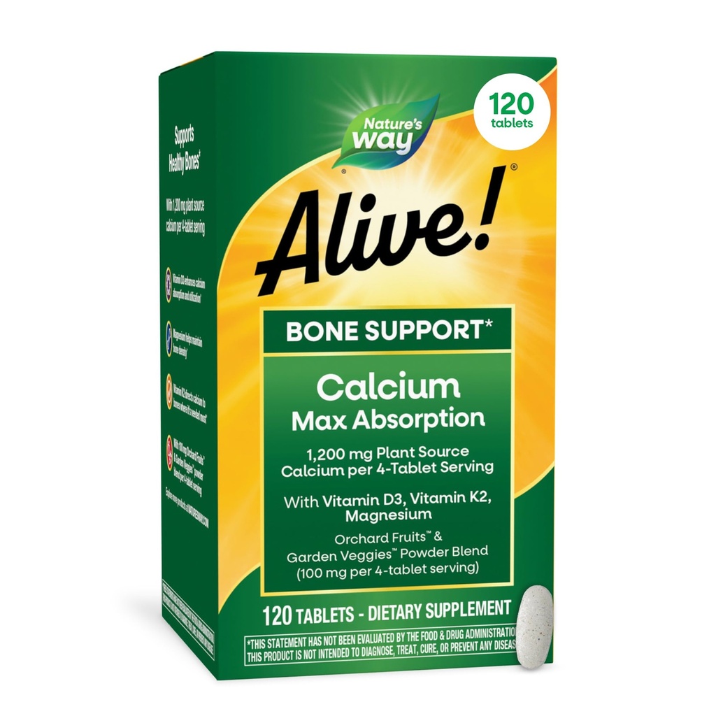 Calea naturii în viaţă! Absorbţie maximă de calciu, suport osos*, Calciu din surse vegetale, Vitamina D3 & K2, Magneziu, 120 comprimate (Packing May Vary)