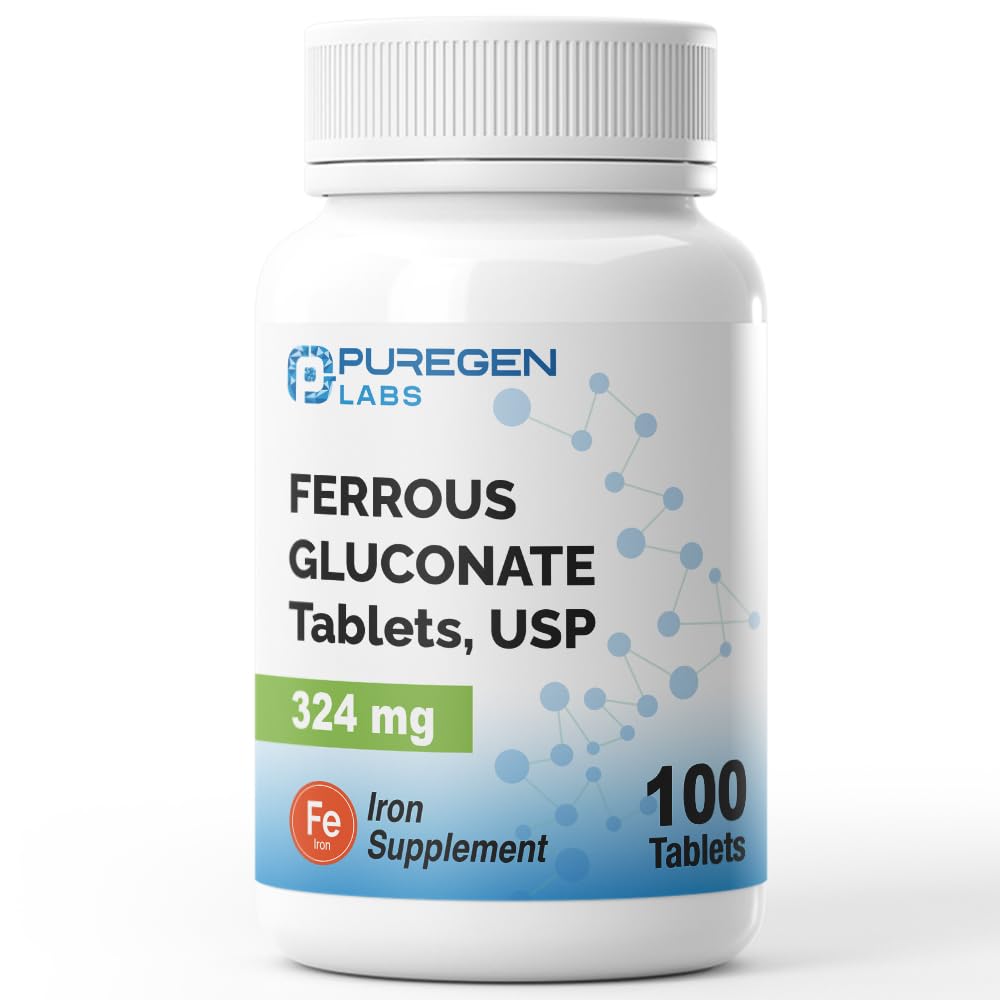 Puregen Labs Ferrous Gluconate 324 mg [High Potency] Supliment de fier, Blând pe stomac - 100 comprimate