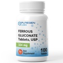 Puregen Labs Ferrous Gluconate 324 mg [High Potency] Supliment de fier, Blând pe stomac - 100 comprimate