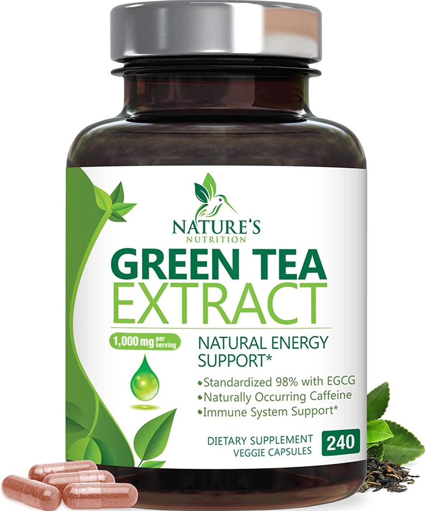 Capsule extract de ceai verde 1000mg 98% Standardizat EGCG - 3X Putere pentru energie naturală - Suport cardiac cu polifenoli - Cafeina blând - 240 capsule