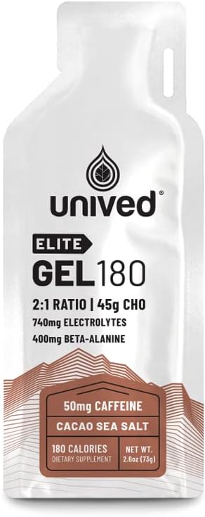 Unived Elite Gel 18002:1 Rația de carbohidrați simple și complexe cu beta Alanine & Electrolite esențiale - pentru sportivii de anduranță alergători și cicliști -180kcal - Cacao Sea Salt - 50mg Cafeina - Pachet de 6