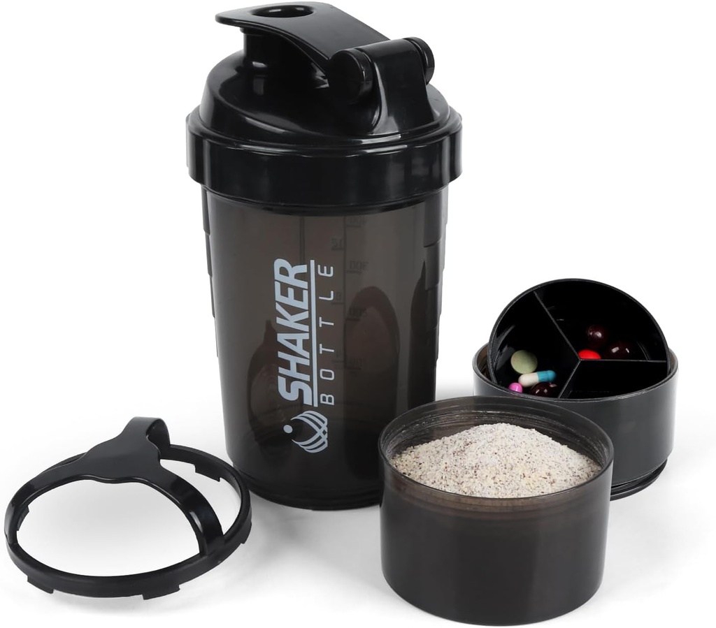 Sticluță Shaker - Cupa Shaker de proteine cu compartimentări de depozitare - Sticle de Shakeout rezistente la scurgeri cu Mixer pentru amestecare netedă-500ML/16oz (PURE BLACK)