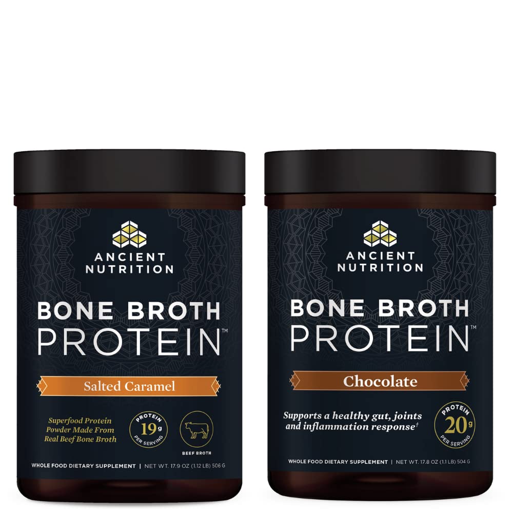 Nutritie antica Pudră de proteine de Broth Bone, Caramel sarat, 20 Serviri + Bronth Proteine Pulbere, Ciocolata, 20 Serviri