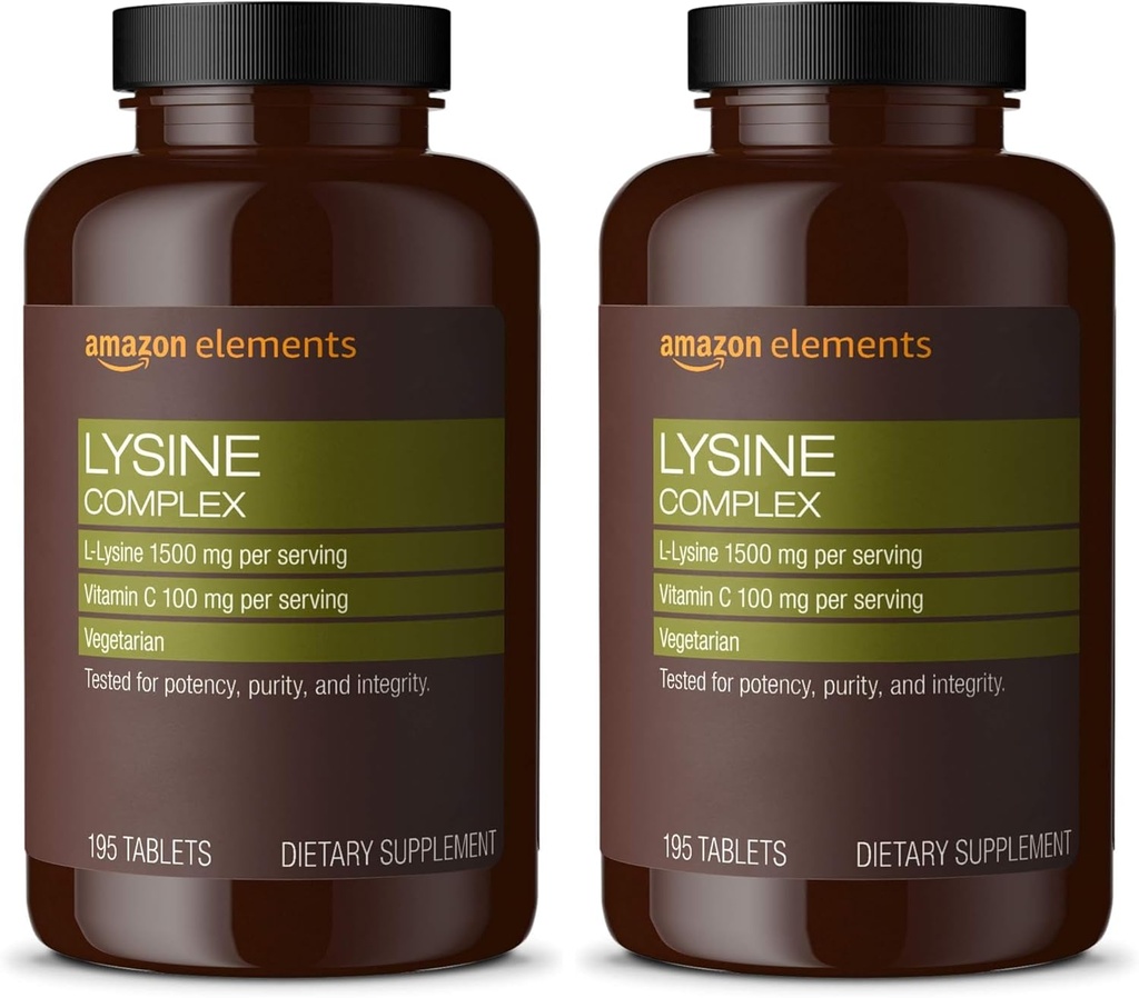 Elements Lysine Complex cu vitamina C pentru Immune Health Support, Vegetarian, 65 Servings, 195 Count (Packaging May Vary) (Pack of 2)
