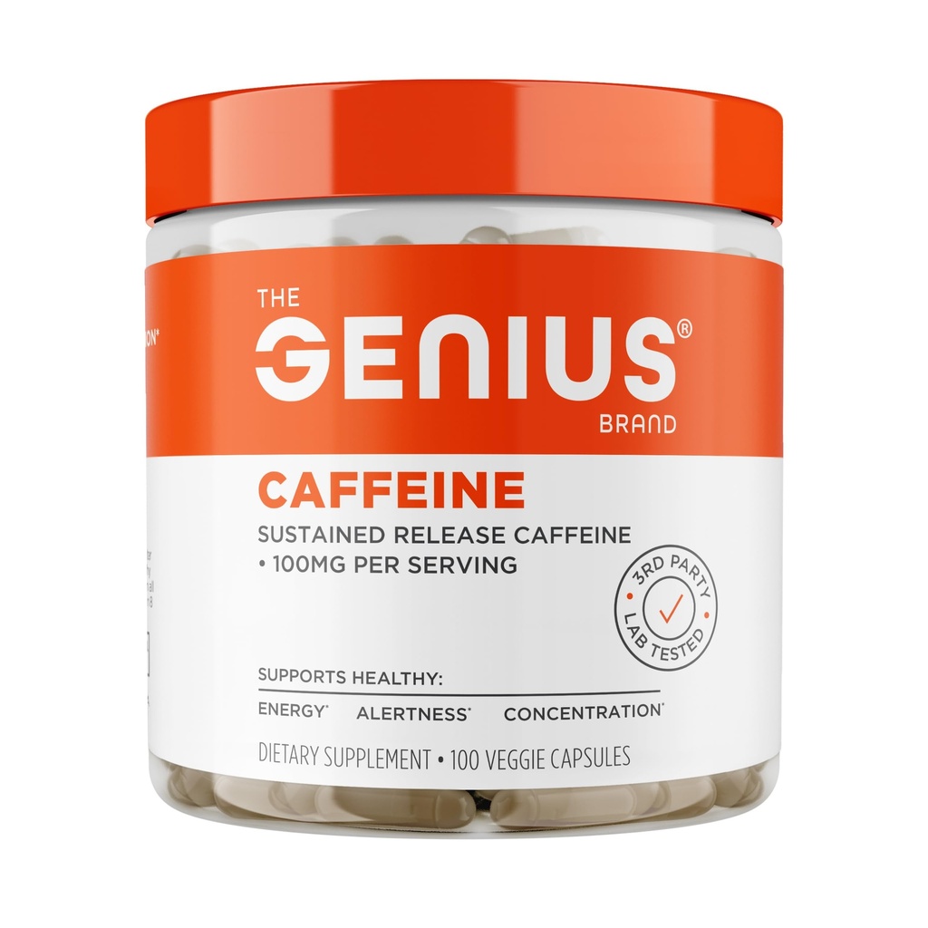 Geniu Caffeine - Se sustine-Release Microcapsuled Caffeine Pastile pentru Smooth, Long-Lasting Energie & Focus - Fără Jitters sau Crash - 100 mg pe capsulă - 100 Servings - Booster de performanță naturală