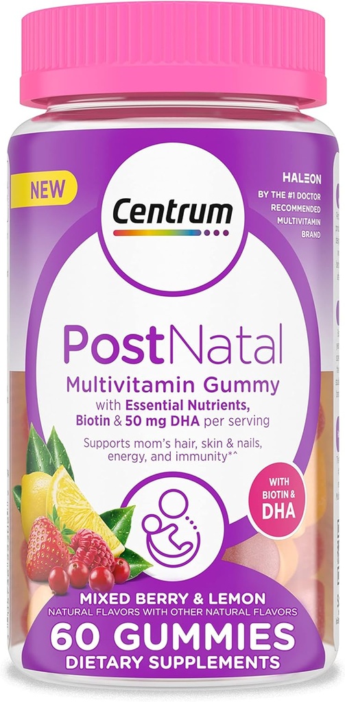 Centrum Postnatal Multivitamine Gummies cu Biotin și DHA, Aroma mixt Berry și Lemon - 60 Conte, 30 Day Supply