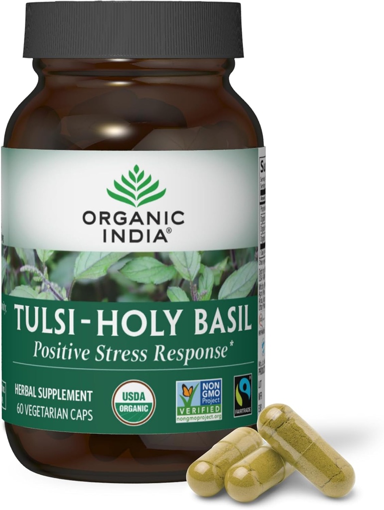 INDIA ORGANICă Tulsi Capsulele cu Basil Sfânt - Extractul Sfânt de Basil - Sfântul Supliment cu frunze de Basil, Suplimentul Herbal, Suport Imun, Ajutor de Stres, Vegan, Gluten-Free, Kosher, Organic, Non-GMO - 60 Capsule