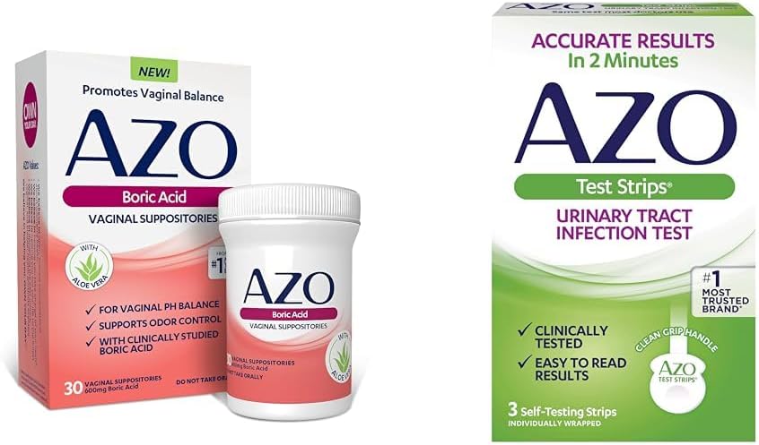 AZO Boric Acid Vaginal Sa presupunetoare ajută la susţinerea controlului odorului şi echilibrului PH vaginal, 30 Infecţie tractului urinar (UTI), Stripuri de testare, Rezultate exacte în 2 minute, 3 Număr de