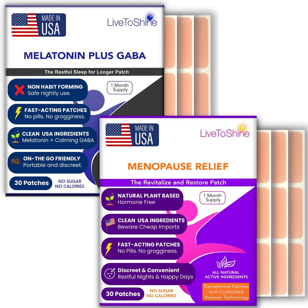 Menopauza Relief și Melatonin somn Patch Bundle - 2 Packs - Hot Flashes, Transpirații de noapte, Swings Relief Plus Petice de somn odihnitor - 30 zile de aprovizionare pe pachet (60 patches) - Statele Unite ale Americii Made by Live To Shine