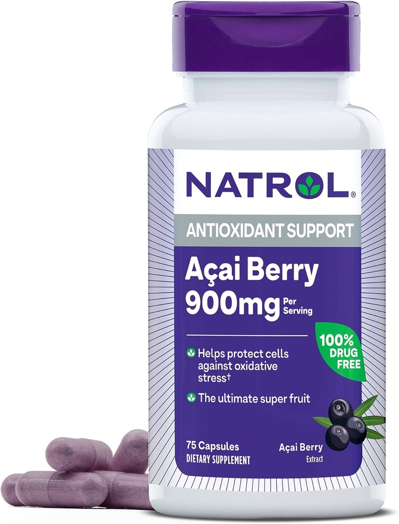 Natrol Acai Berry 900 mg per Serving, Supliment alimentar pentru suport antioxidant, 75 capsule, 37 zile de aprovizionare