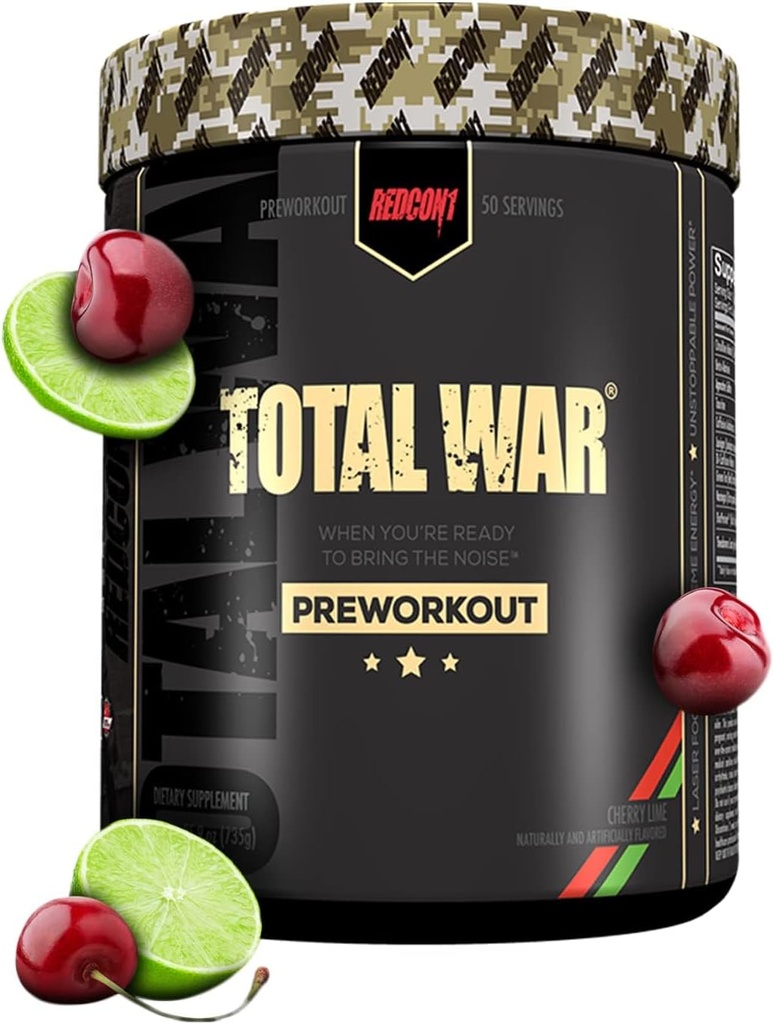 REDCON1 Total War Pre Workout, Cherry Lime - Beta Alanine + Citruline Malate Vegan & Keto Friendly Preworkout pentru bărbați și femei cu 320mg de Cafeina (50 Serviri)