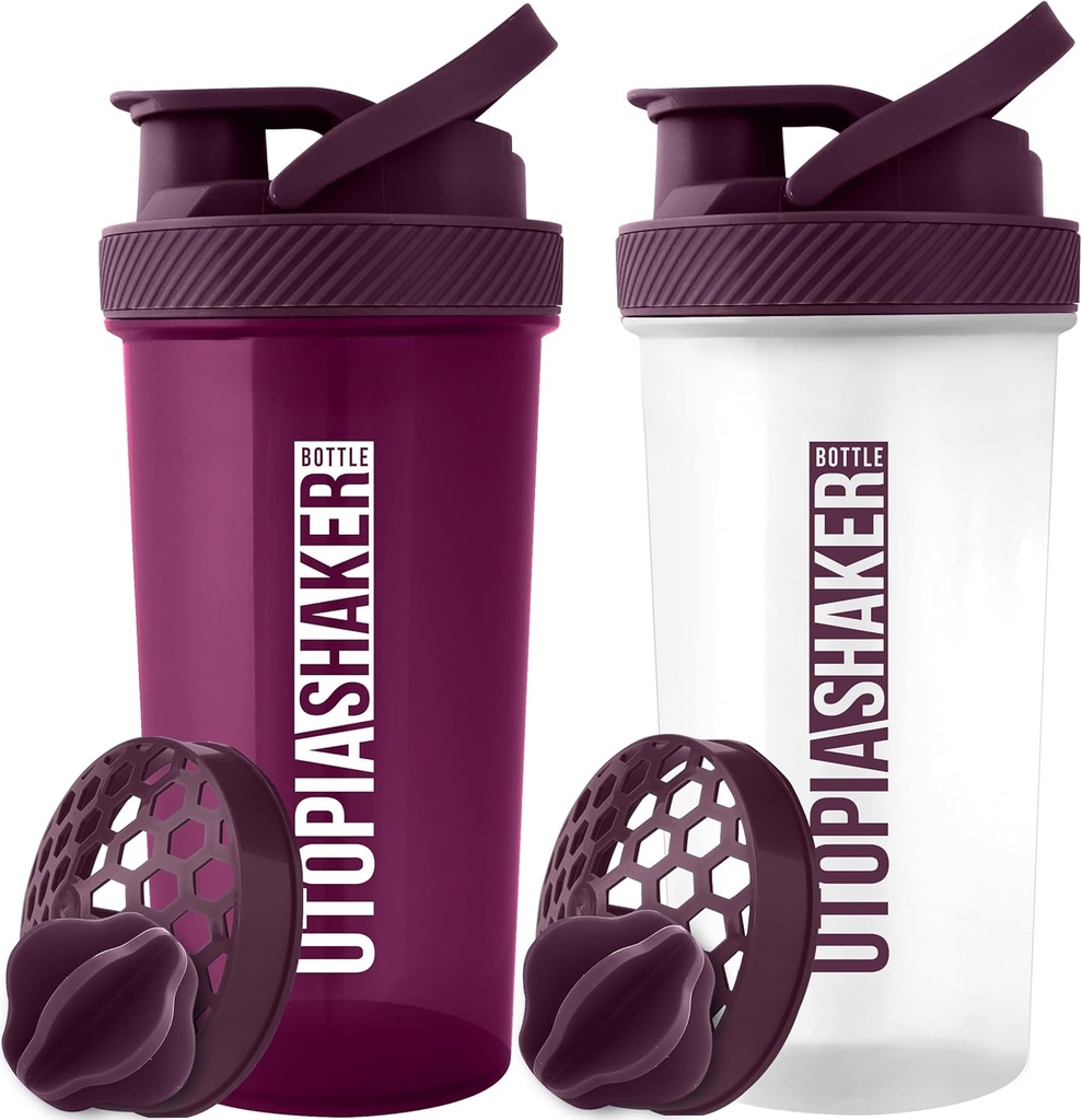 Utopia Home Proteine Shaker Sticla - (Pachet de 2) 28-Ounce Sticle Shaker pentru amestecuri de proteine - Fitness Sports Classic Proteine Mixer Shaker Sticla (Plum & Clear/Plum)