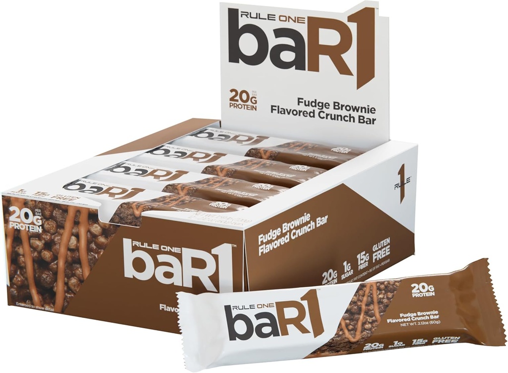 Regula 1 baR1 Crunch Bar - On-The-Go Convenent Proteine Snack Bars cu 20g Proteina Premium, Natural-Packed cu EAAS/BCAAs, Foamea-Flinger Fiber (12 Count Box, Fudge Brownie)