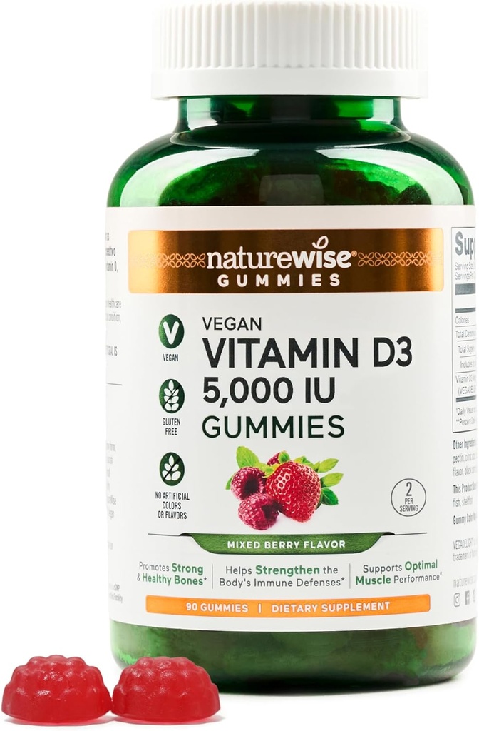 NatureWise Vitamina D3 5000 UI Gummies - Aroma mixta Berry - Vegan D de la Lichen, Bazat pe Pectina, Suport Immun pentru Adulti, Forta musculara si osoasa - Gluten Free, Non-GMO - 90 Conte[45-Day Support]