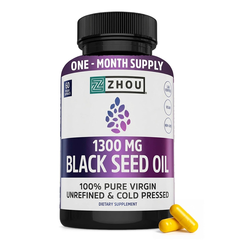 ZHOU Black Seed Oil Capsule - Black Chimin Seed Seed Seed Oil Cold Pressed, Nigella Sativa, Pure Unrefined Blackseed, Premium Supplement for Health, Hair & Skin w/Thymochinone - 60 capsule (Pachet de 1)