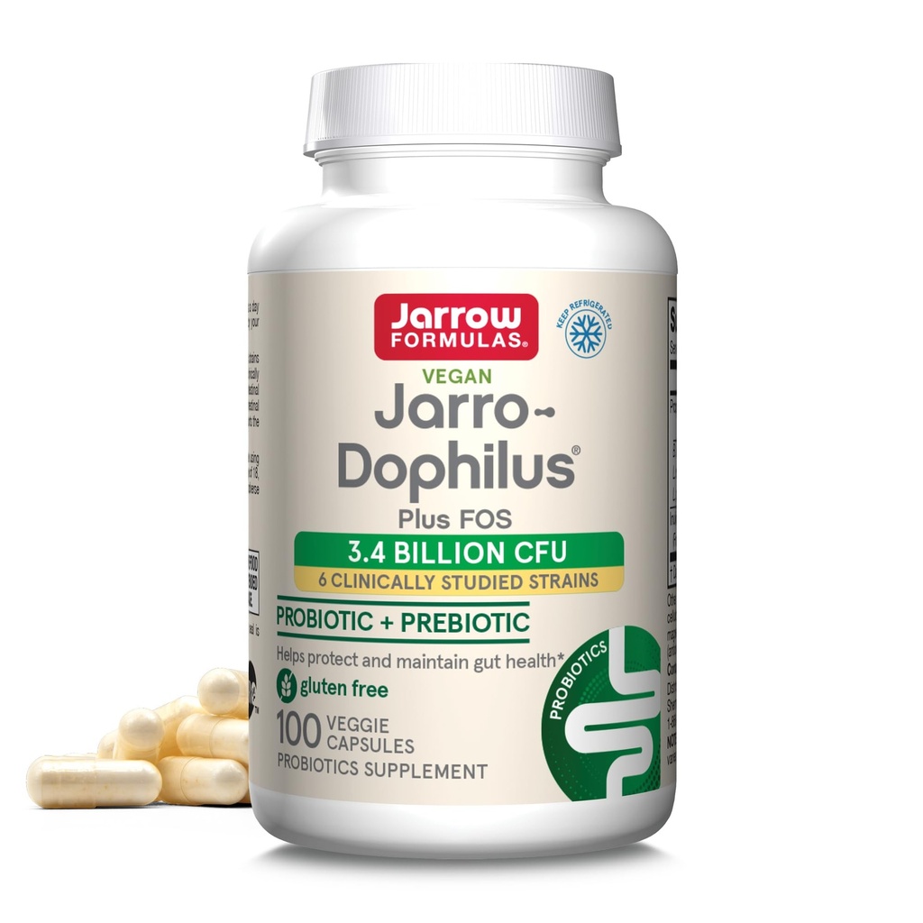 Jarrow Formulas Jarro-Dophilus + FOS - 3.4 Miliarde de organisme Per Serving - 100 Veggie Caps - Prebiotic & Probiotic - Suport nutritional pentru Bacterii Beneficiale - Până la 100 Serviri