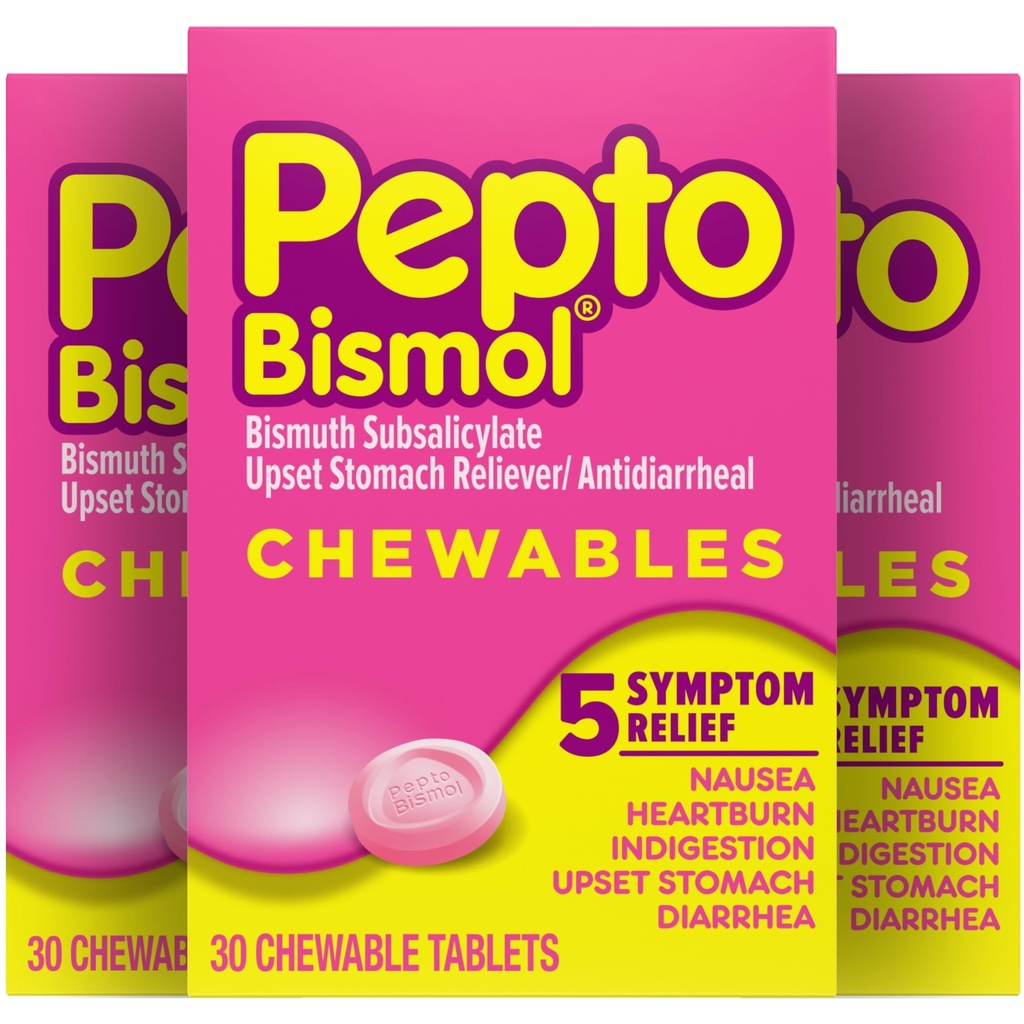 Pepto Bismol comprimate masticabile pentru greaţă, arsuri la stomac, indigestie, disconfort gastric şi diaree Relief, aromă originală, 90 Total (3 cutii de 30)
