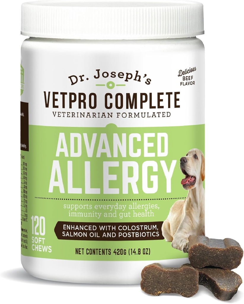 VetPro Advanced Alergia și Mâncărime Suport pentru câini - Suporte Alergii sezoniere, Itchy Skin, & Imunitate - Îmbunătățit cu ulei de somon, Probiotice și Colostru pentru alergii, Suport Immun, & Gut Health