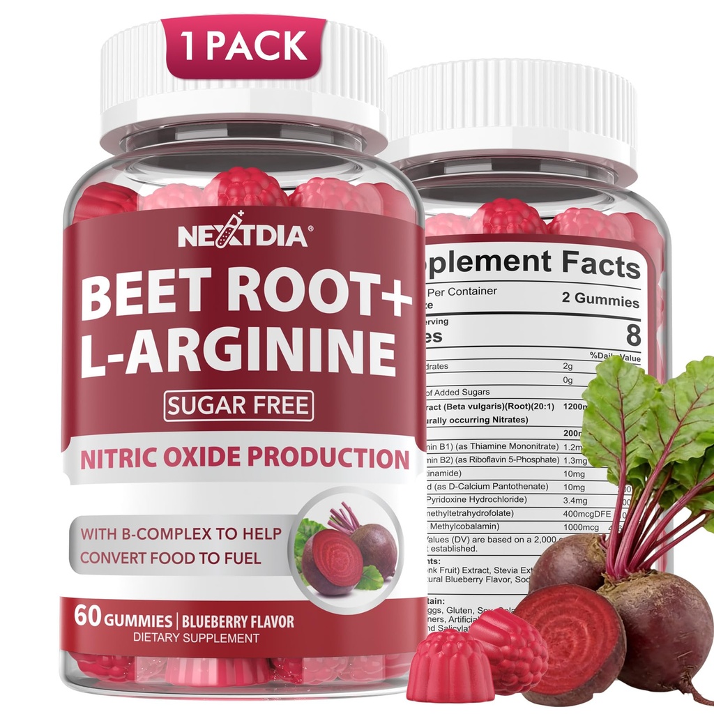 Sfeclă de rădăcină Gumies & L-Arginină, Suplimente cu oxid de azot pentru bărbați și femei w/Beets organice, B1, B2, B3, B5, B6, Folate, B12 pentru suport de stimulare a energiei și de circulație, fără zahăr, 60 Cts