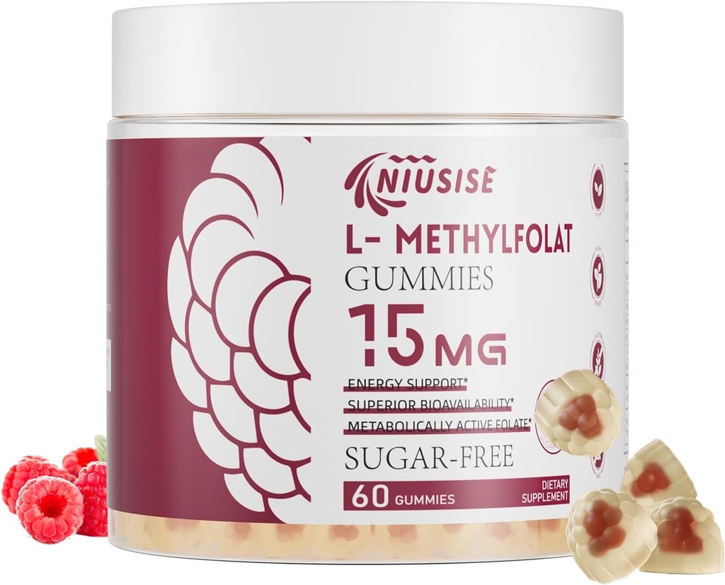 L-Metilfolat 15 mg Gummies pentru adulți, gume fără zahăr Ajutor pentru îmbunătățirea energiei, funcția creierului - Acid folic activ și vitamina B12 Supliment pentru suport imunitar, non-GMO, gluten gratuit