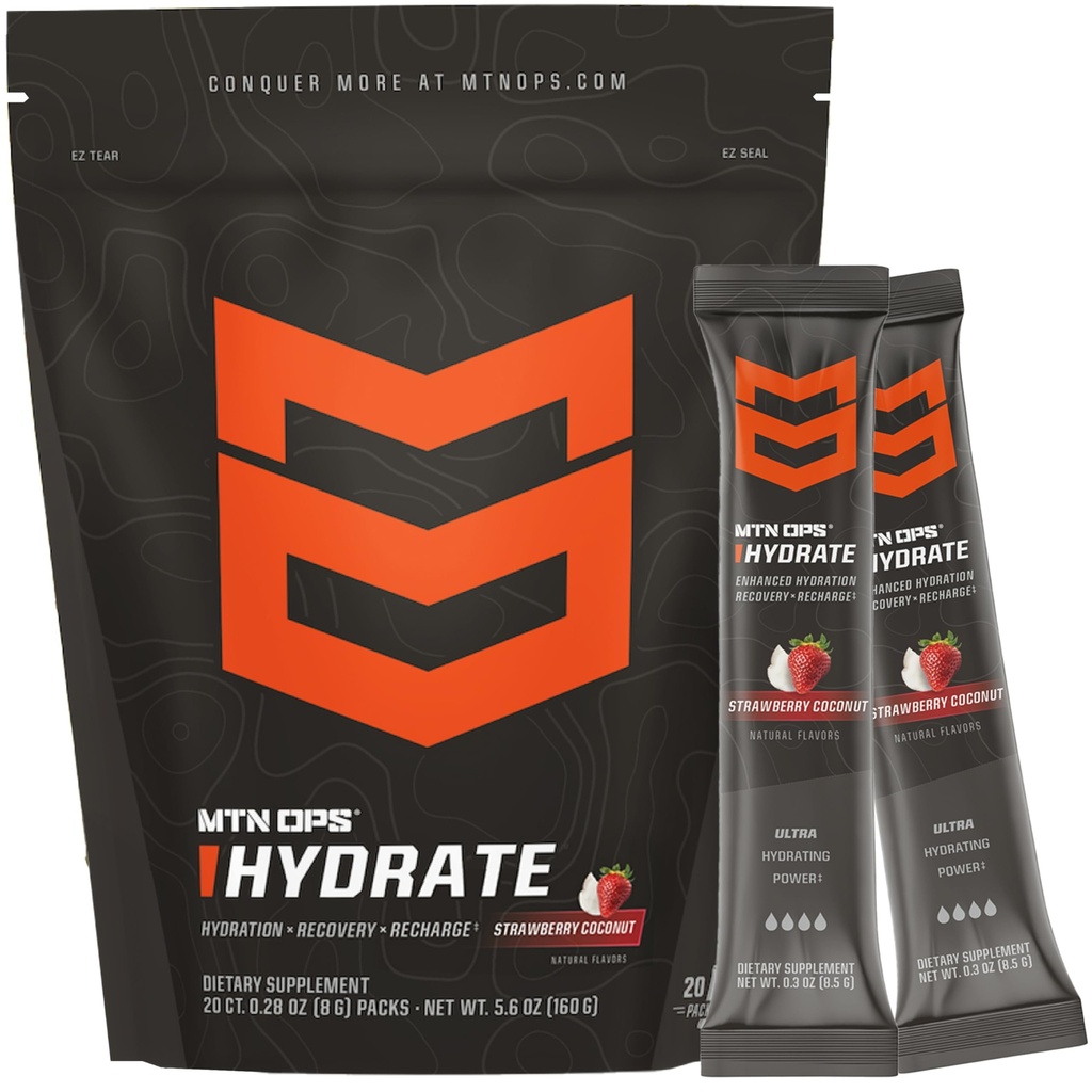 MTN OPS Hidrate Electroliti Powder Drink Mix, 20 Double Serving On-The-Go Electrolyte Packs cu peste 1000mg de Electroliți per Serving, Căpșuni de cocos