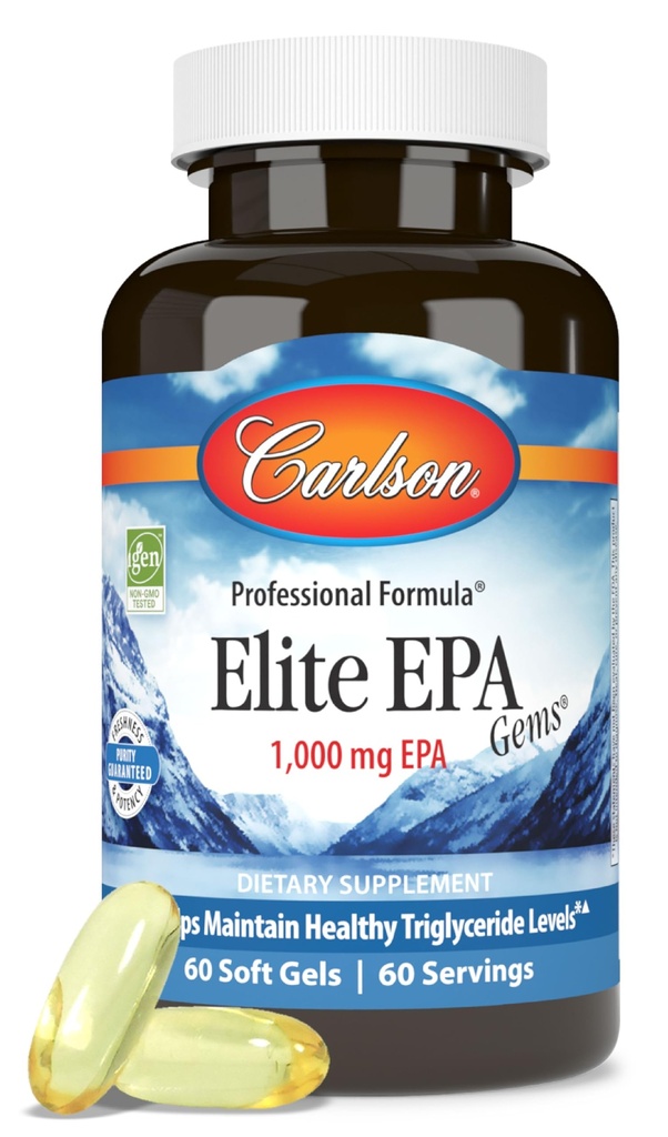 Carlson - Elite EPA Gems, 1000 mg EPA ulei de pește, Wild-Caught, Norvegian ulei de pește, Sustainable Soursed, Ajuta la menținerea nivelului sănătos de trigliceride, 60 Softgels