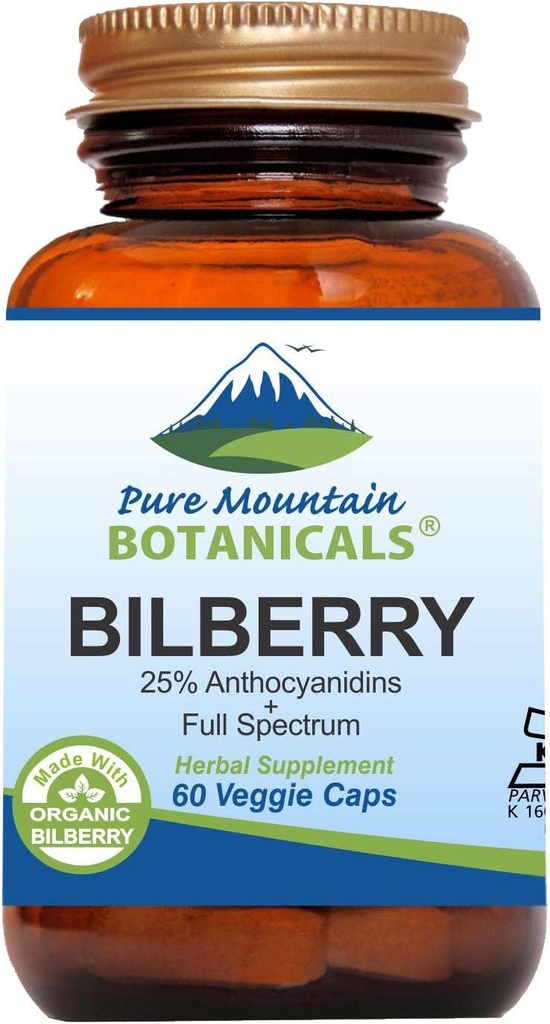 Pure Mountain Botanicals Extract de fructe de padure Supliment Vegan Kosher capsule cu 250 mg Organic Bilberry Leaf & 50mg Extract potent de mure