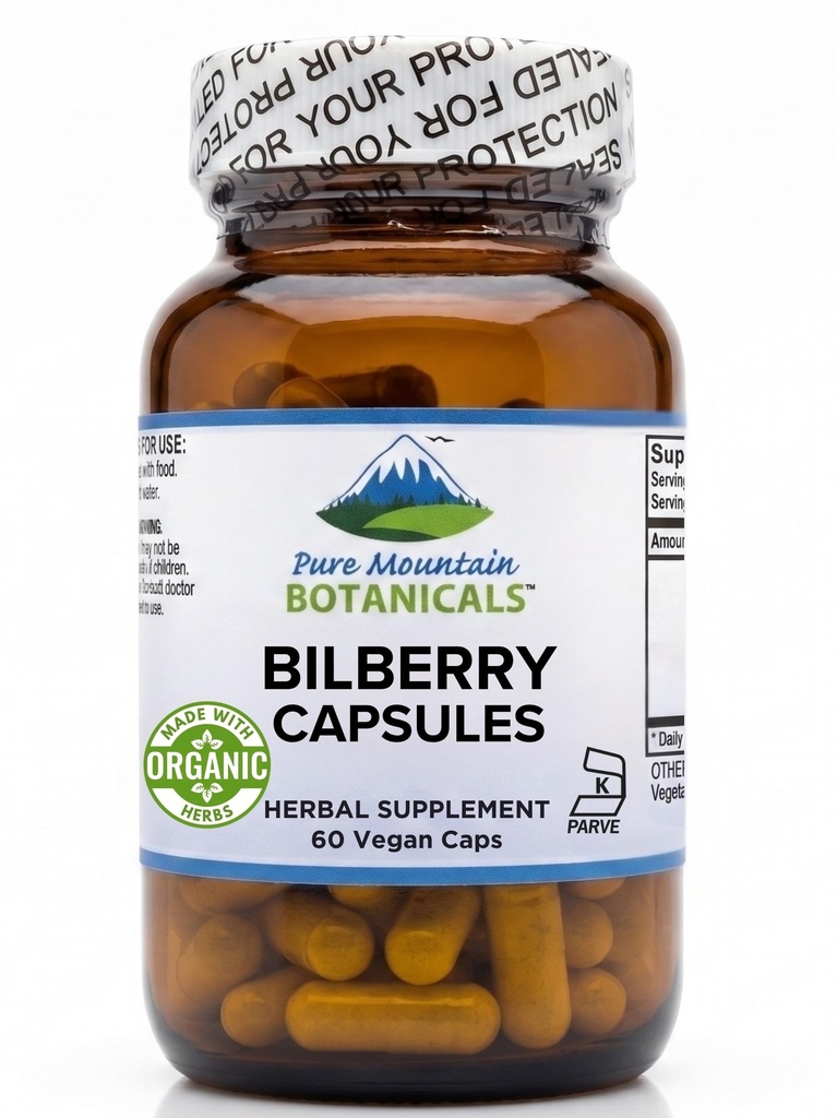 Pure Mountain Botanicals Extract de fructe de padure Supliment Vegan Kosher capsule cu 250 mg Organic Bilberry Leaf & 50mg Extract potent de mure