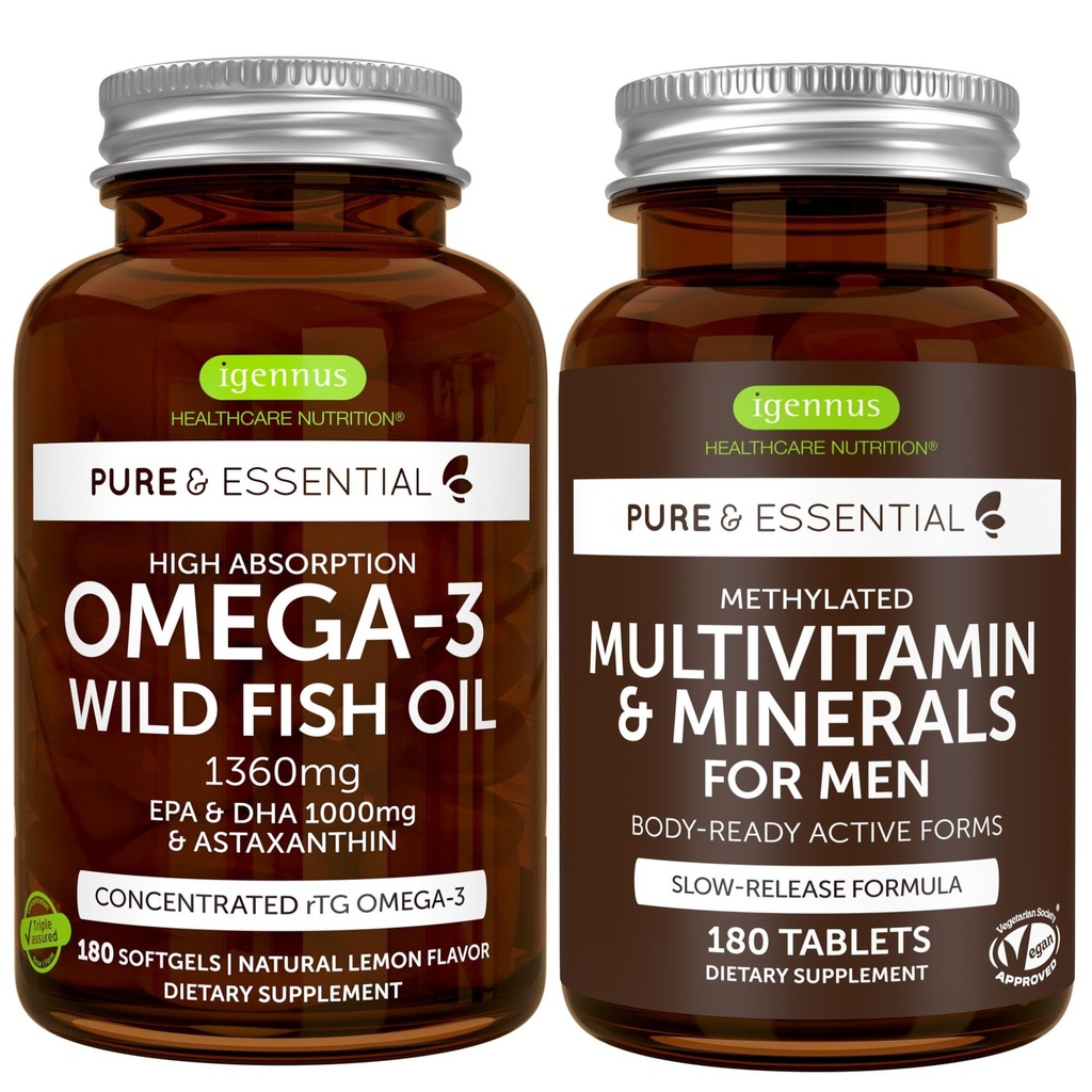 Absorbție mare Omega-3 ulei de pește sălbatic + om metilat Multivitamine Bundle, 1000 mg EPA & DHA 180 Softgels + eliberare susținută Multivitamine 180 comprimate, de Igennus