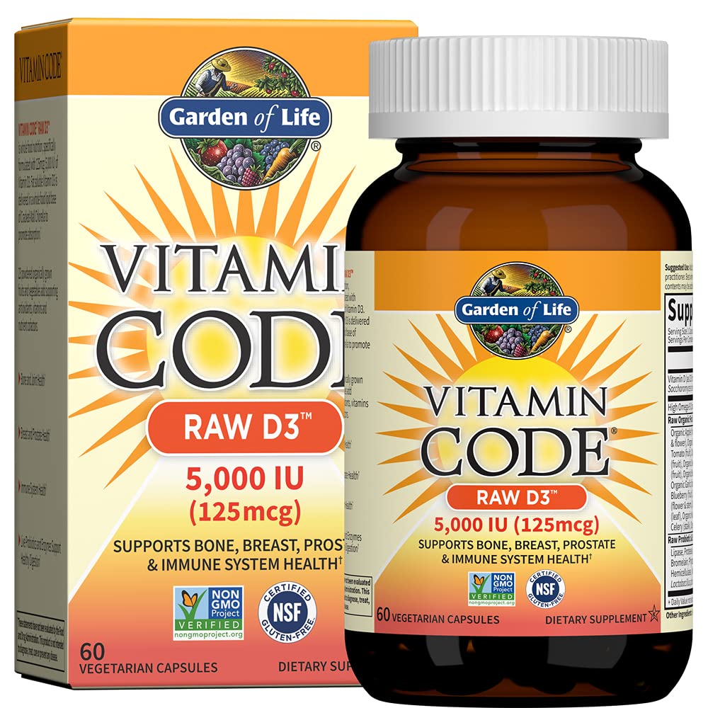 Gradina de viata Vitamina D3 5000 UI, Suplimente alimentare brute cu Chlorella, fructe, legume si probiotice pentru sanatate ososa si imuna, 60 Capsule vegetariene