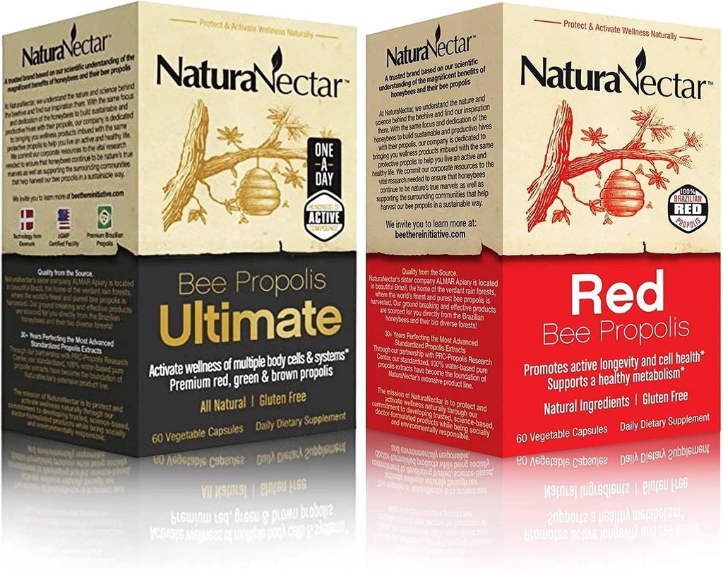 NaturaNectar Natural Bee Propolis Bundle - Bee Propolis Ultimate și Red Propolis - pentru suport imunitar și respirator, precum și un metabolism sănătos - 60 capsule per flacon