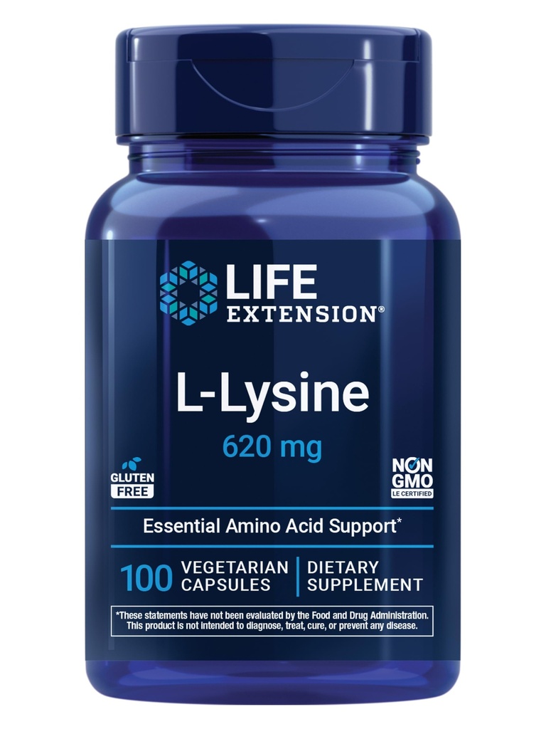 Life Extensie L-Lysine, 620 mg, Essential Amino Acid pentru Echilibrul azotului sanatos, Calciu Metabolism, Stres Response & More, Gluten-Free, Non-GMO, Vegetarian, 100 Capsule