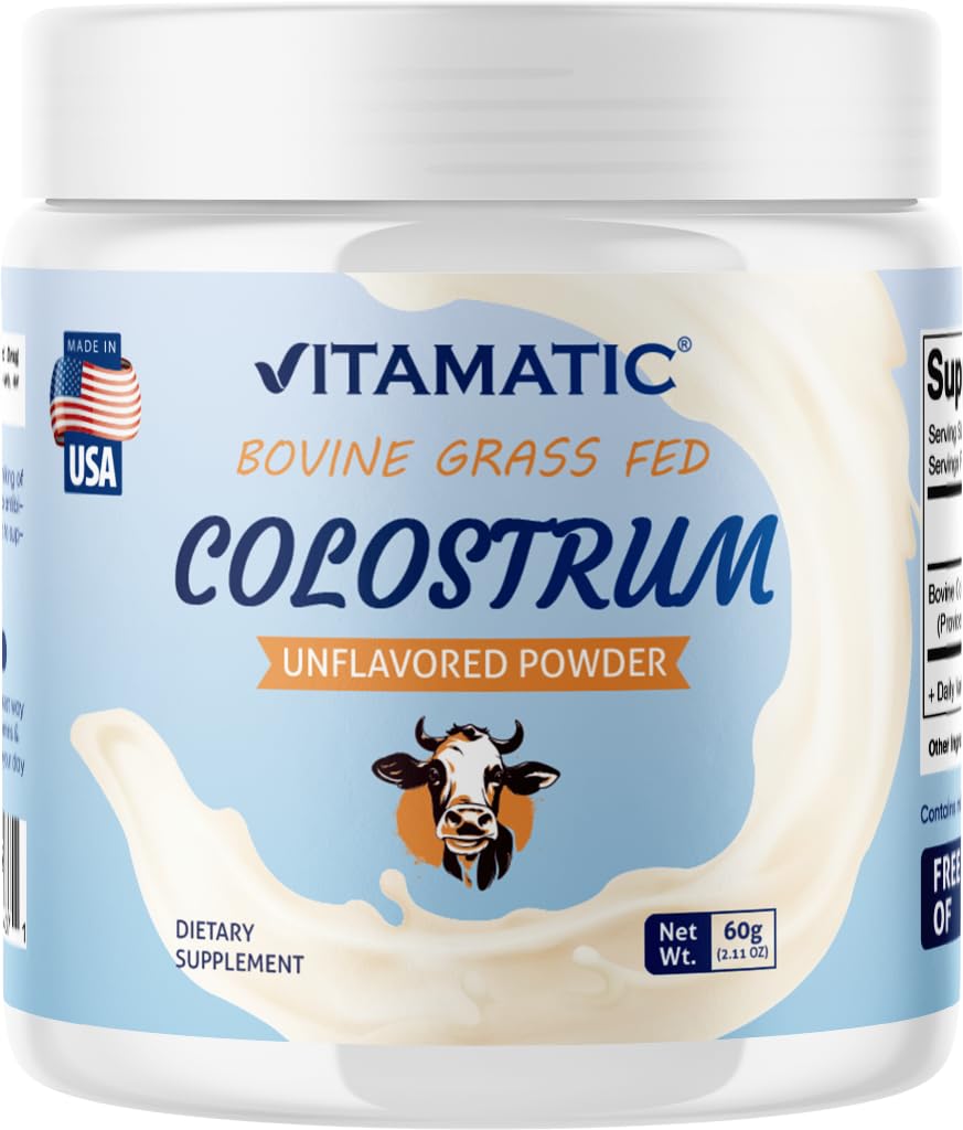 Vitamatic bovin Colostru 30% Pudră IgG - Supliment pentru sănătate gutoasă, creșterea părului, frumusețe, recuperare musculară, și suport imunitar - Ușor de amestecat - 60 Gram (30 Serviri, neflavorizate)