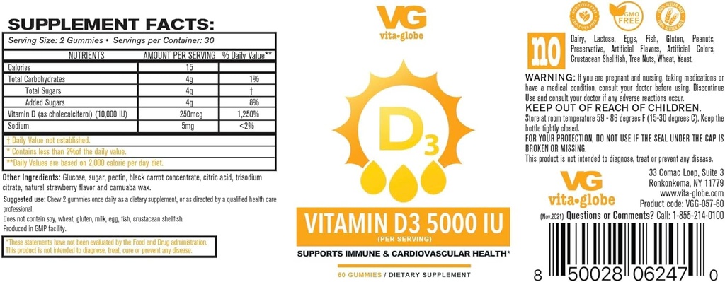 VITA GLOBE Vitamina D3 10000UI cu zinc și echinacea Gummy - susține sistemul imunitar sănătos, oase puternice, dinți și mușchi, 120 Conte (2-Pachet)