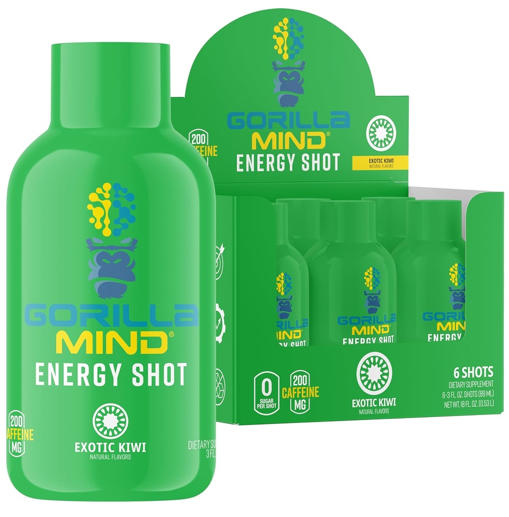 Gorila minte de energie Shots (Pachetul de 6) - Enhanced Focus & Energy, Sugar-Free, Fast-Action Formula cu vitamine și extracte naturale (Kiwi exotice)