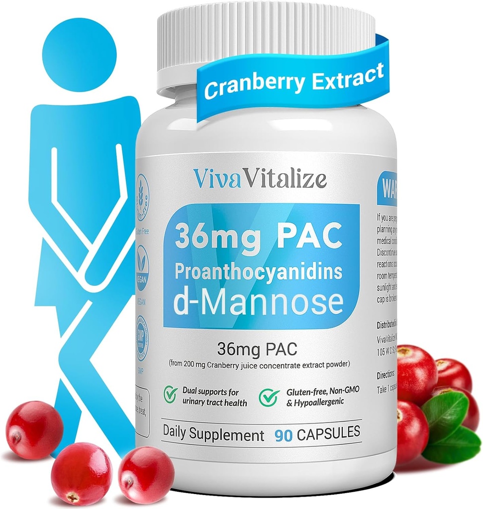 5 în 1 Supliment de afine pentru femei, 36mg PAC 100% Soluble D-mannose Dandelion Herb Mulberry Uva Ursi Leaf Natural Tract urinar de sprijin, Cranberry pastile UTI Profilaxie 90 Capace