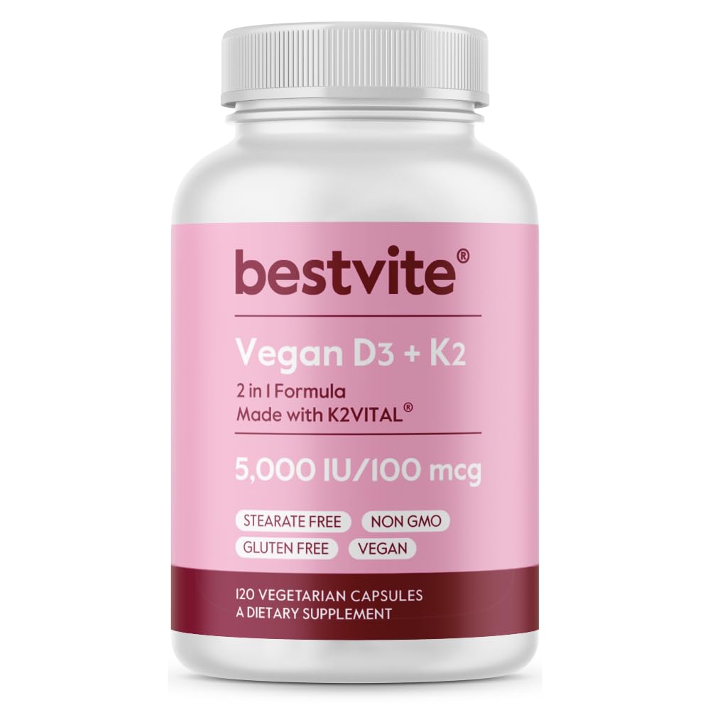BESTVITE Vegan Vitamina D3 5000 UI + Vitamina K2 100 mcg ca MK-7 (120 capsule vegetariene) - Nu Stearates - Vegan - Non OMG - Gluten Free