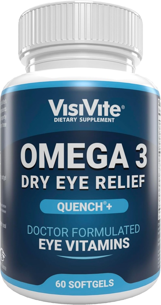 Omega 3 Suplimente pentru ochi uscaţi cu EPA şi DHA - VisiVite Dry Eye Relief Quench+ Vitamine ochi pentru ochi uscat cu Omega 3 Supliment - vitamine ochi uscat Made with Omega 3 Fish Oil - 60 Softgels.