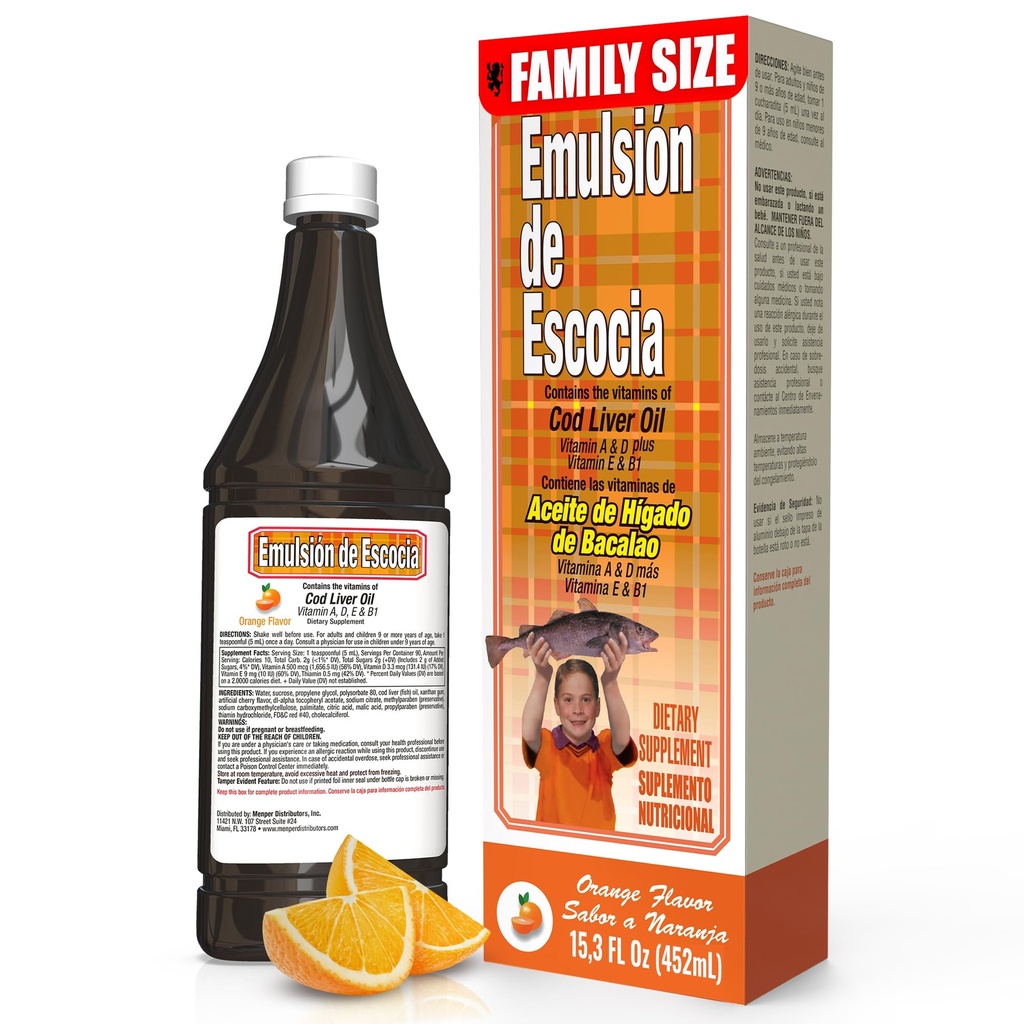 EMULSION DE ECOCIA Cod Ulei de ficat, Supliment alimentar, Vitamine A, B1, D și E, Suport pentru sistemul imunitar, Flavor portocaliu (15,3 Fl Oz/Pachet de 1)