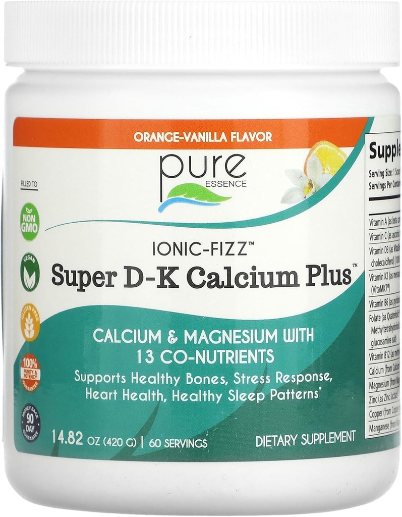 Ionic Fizz Super D-K Calciu Plus de Esență pură - cu extra magneziu, vitamina D3, vitamina K2 - Vanilie portocalie - 14.82oz