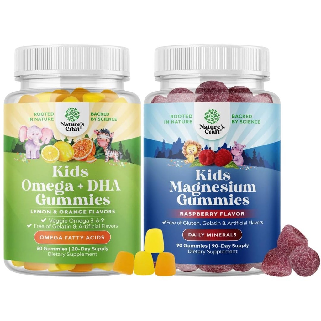 Bundle de Gume Omega DHA pentru copii - acizi grasi Omega 3 6 9 cu vitamina C pentru creier, Imunitate & Viziune si copii Gummie de magneziu - Mag Citrate pentru sanatate nervoasa Muschii si suport cardiac sanatos