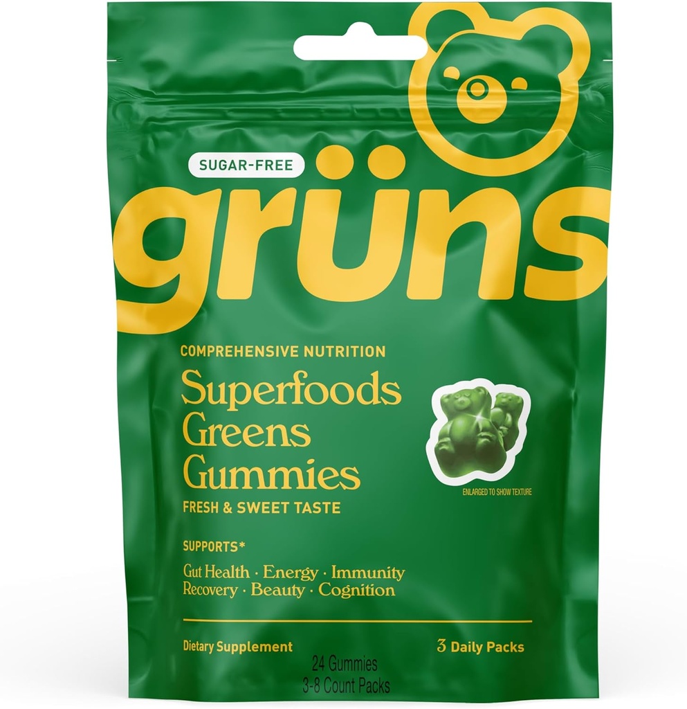 Gruns Sugar Free Super Greens Gummy Bears - Spirulina organică și Chlorella, Prebiotice pentru Digestive Health, 20+ Vitamine și minerale, Adaptogens - 3 plicuri - 24 Gume