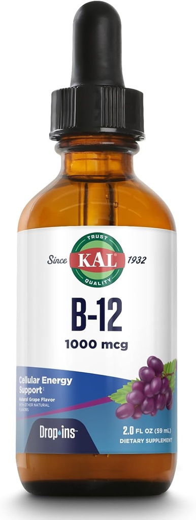 KAL B12 1000 mcg DropIns, Liquid de înaltă absorbţie vitamina B12, Suplimente energetice sănătoase pentru metabolism, Heart Health, Nervi, Suportul celulelor roşii, Aroma naturală de struguri B12 picături, 196 Serviri, 2oz