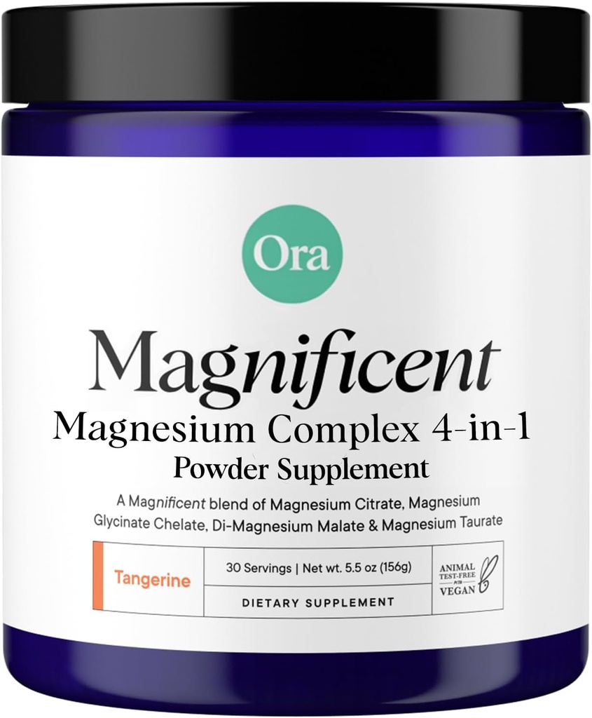 Ora Organic Magnesium Complex Powder Supplement - 4-in-1 Magnesium: Glycinate, Taurate, Malate & Citrate | Vegan, Gluten-Free | Tangerine Flavor | Calm Support for Sleep, Stress & Muscles | 30 Serving