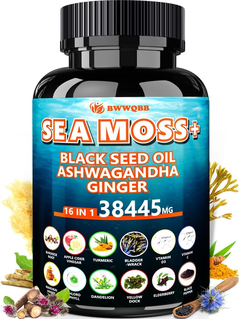 Sea Moss 350mg Black Seed Oil 200mg Ashwagandha 100mg Turmeric 100mg Bladderwrack 100mg Burdock 100mg, All-in-1 Sea Moss Capsules-60 Count